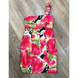 London Times Sz 10 Ruffled One Shoulder Floral Print Dupioni Sheath Pencil Dress